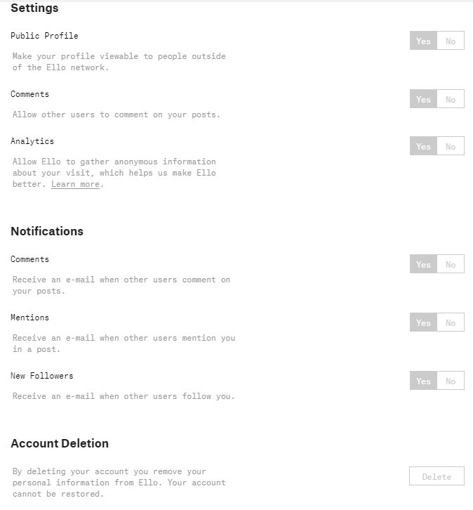 ello settings
