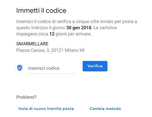 codice verifica google my business